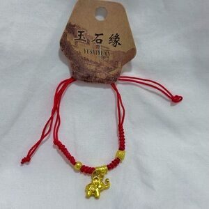 Gold Elephant Charm Red Cord Bracelet by